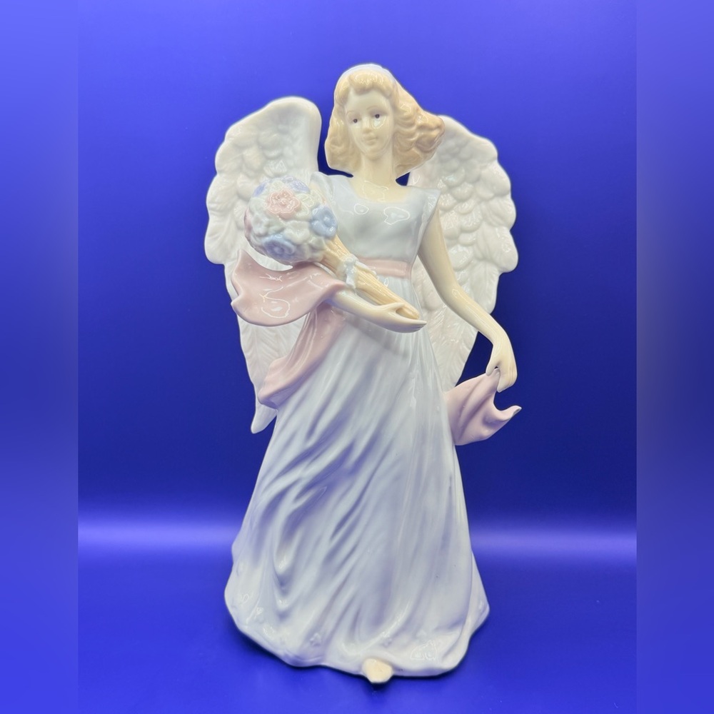 Bellezza Breanne Angel Porcelain Figurine Blue/Gray Dress with Flowers 10.5”